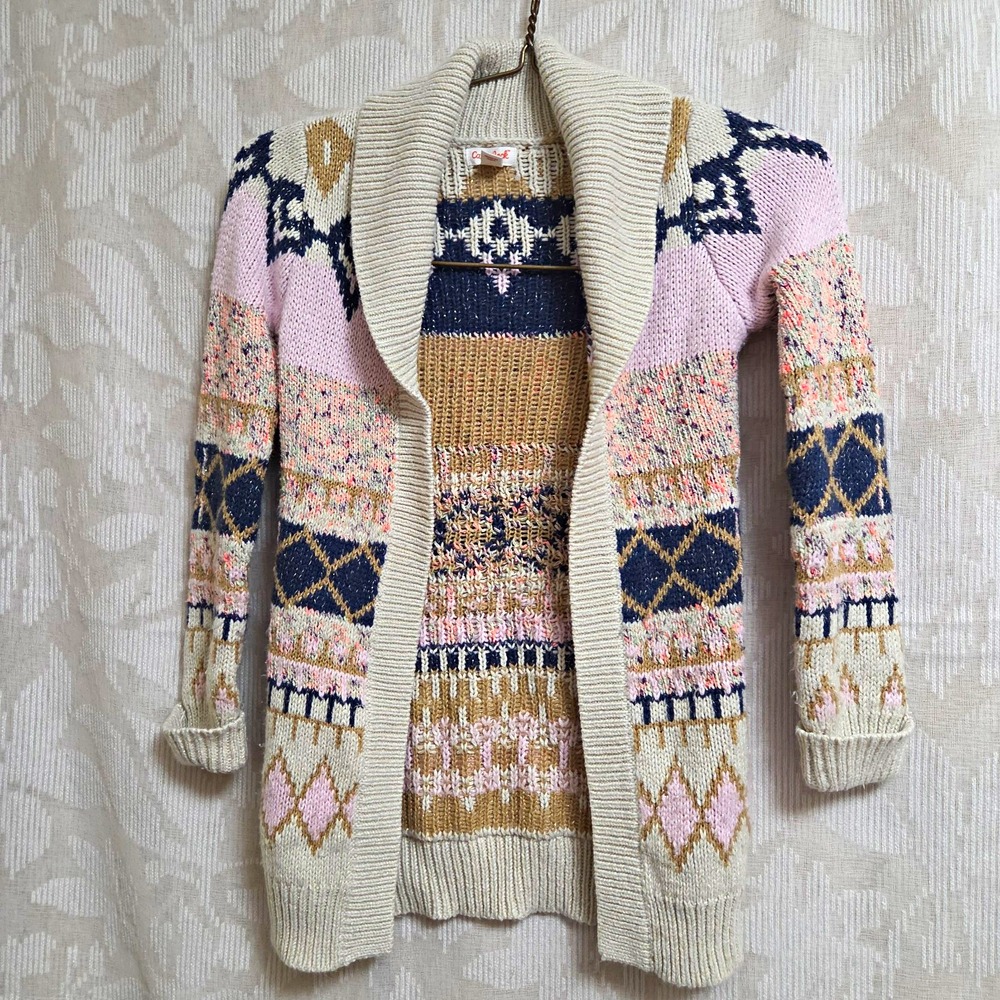 Cat & Jack Girls M7/8 Fair Isle Knit Open Front Cardigan Sweater Glitter Cottage